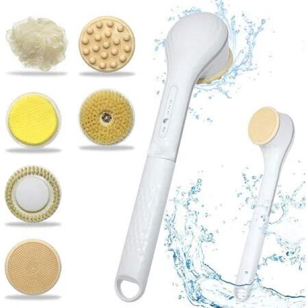 Electric Body Brush Set for Showering, Exfoliating Bath Brush Long Handle for Shower, Body Scrubber with 6 Shower Brush Heads for Women Men, White