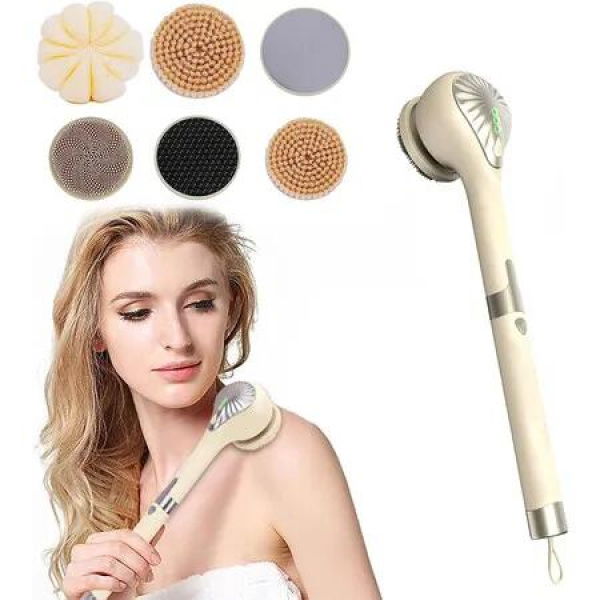 Electric Body Brush with 6 Large Brush Heads, Rechargeable Shower Brush with Long Handle, 3 Gear Setting Deep Cleansing Bath Brush for Back, Yellow