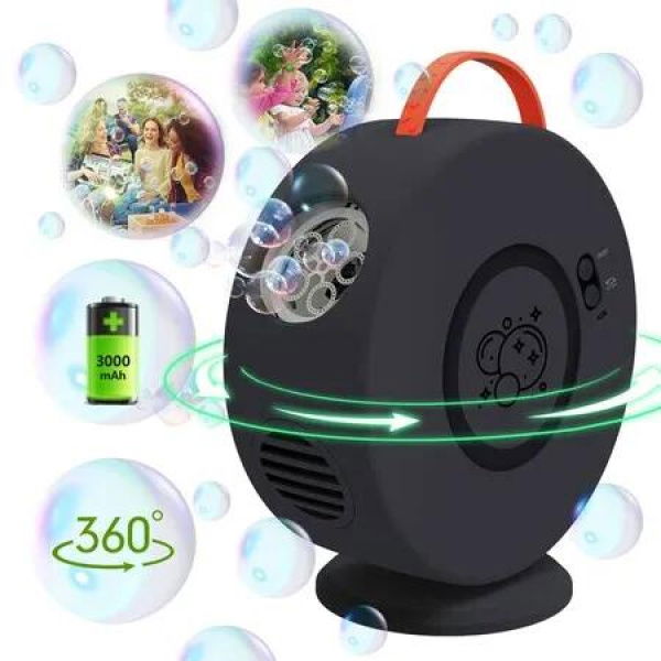 Electric Bubble Machine for Kid Automatic Bubble Blower Rechargeable 360 Degree Auto Rotatable Portable Bubble Maker Toy-Black