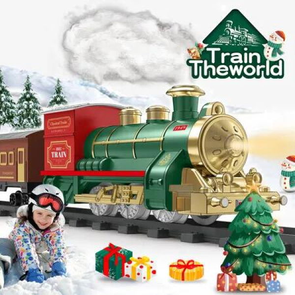 Electric Christmas Holiday Train Set with Lights Sounds Spary For Festive Decoration Christmas Train Toy Gift Green Train head