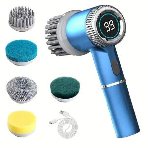 Electric Cleaning Brush, Handheld Portable Cleaning Brush with 5 Replaceable Brush Heads, Portable Electric Scrubbers for Kitchen Bathroom Hot Sink Toilet Tile Floor, Blue