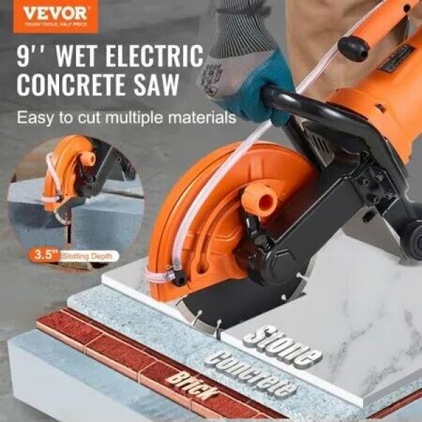 Electric Concrete Saw 9 in 2000 W 15 A Motor Circular Saw Cutter with 3.5 in Cutting Depth Wet/Dry Disk Saw Cutter Includes Water Line Pump and Blade