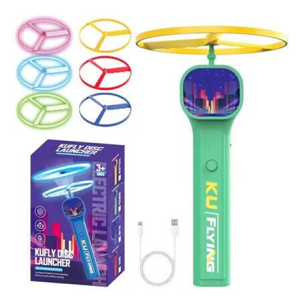 Electric Disc Launcher with 6 Flying Spinners, Glow in The Dark Rechargeable Outdoor Play Fun Sport Fidget Toys, Green