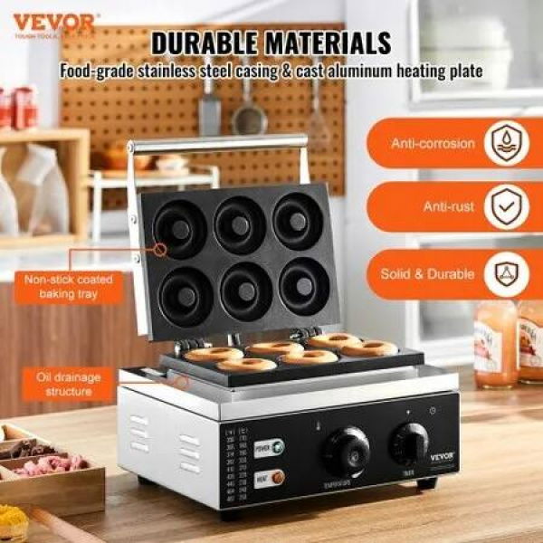 Electric Donut Maker 1550W Commercial Doughnut Machine with Non-stick Surface 6 Holes Double-Sided Heating Waffle Machine Makes 6 Doughnuts