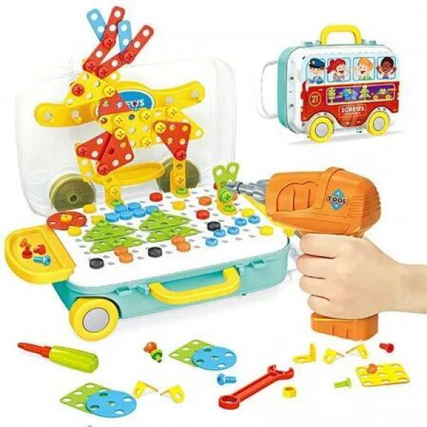 Electric Drill Puzzle Construction Toys STEM Educational DIY Toy Set with Car-Shaped Storage Box 258 Piece Toy Kit For Boys Girls