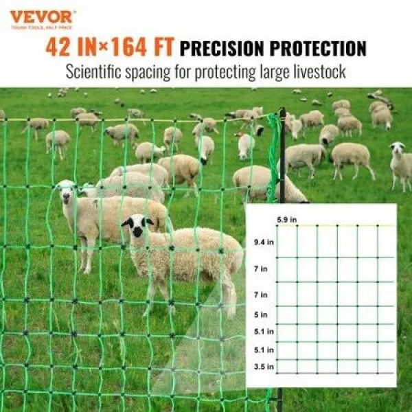 Electric Fence Netting, 1.06 x 49.98 m, PE Net Fencing with Posts & Double-Spiked Stakes, Utility Portable Mesh for Goats, Sheep, Lambs, Deer, Hogs, Dogs, Used in Backyards, Farms, and Ranches