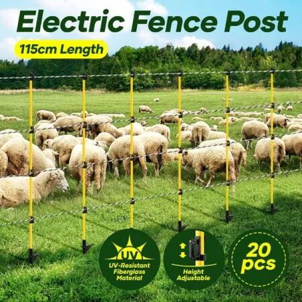 Electric Fence Post 20pcs Tread Step In Wire Garden Farm Livestock Cattle Sheep Insulators Poles Pigtail Fibreglass Adjustable Graze Fencing Temporary