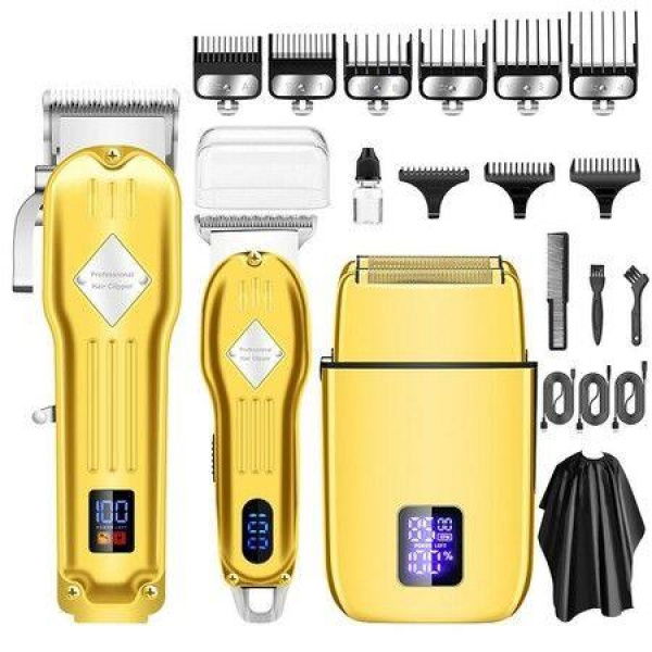 Electric Hair Trimmer Barber Cordless Full Set And Trimmer Set Rechargeable Hair Beard LED Display for Men(Gold)