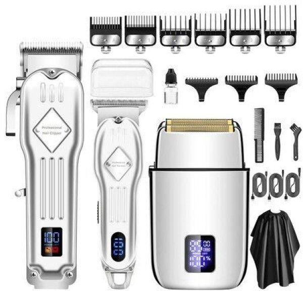 Electric Hair Trimmer Barber Cordless Full Set And Trimmer Set Rechargeable Hair Beard LED Display for Men(Sliver)