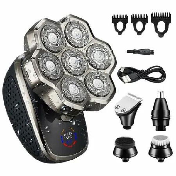 Electric Head Shaver for Bald Men,5-in-1 Rotary Shaver Waterproof Grooming Kit Electric Shavers for Mens,Cordless 7D Bald Head Razor for Home,Travel