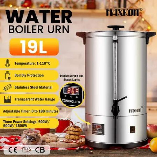 Electric Hot Water Urn Tap Instant Dispenser Boiler Heater Warmer 19L Tea Coffee Maker Kettle Temperature Timer Power Controls Machine Stainless Steel