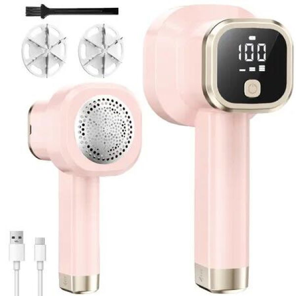 Electric Lint Remover with LED Display Rechargeable Fabric Shaver 6-Blade,3-Speed Defuzzer Remove Fuzz,Pills for Clothes,Upholstery(Pink)