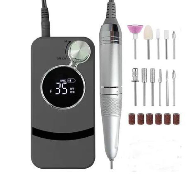 Electric Nail Dril 35000RPM Nail File for Acrylics Gel Nail Polish Remove Cordless Portable Rechargeable Nail Drill Kit for Home Salon Manicure Grey