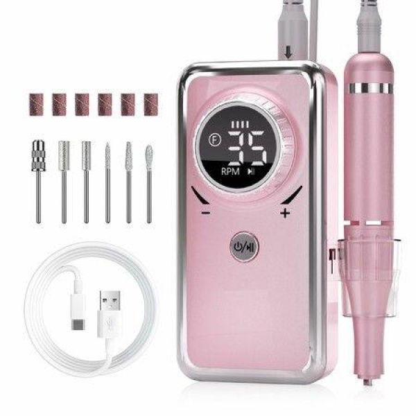 Electric Nail Drill-35000RPM Portable Acrylic Gel Polish Remover Nail Drill Machine with 6 Nail Bits,Professional Manicure Pedicure Polishing Tools for Home Salon,Pink