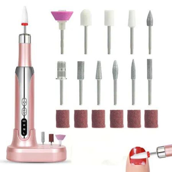 Electric Nail Drill Cordless Portable Rechargeable Nail File Kit for Acrylic Gel Nails 15000RPM Adjustable Speeds for Manicure Pedicure Polishing,Rose Gold
