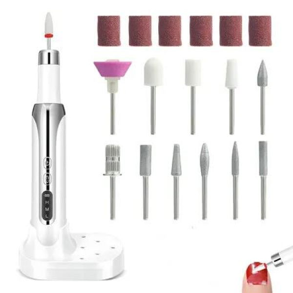 Electric Nail Drill Cordless Portable Rechargeable Nail File Kit for Acrylic Gel Nails 15000RPM Adjustable Speeds for Manicure Pedicure Polishing,White