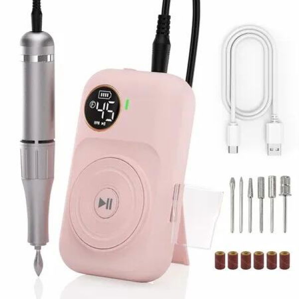 Electric Nail Drill Kit, Low Noise, Low Heat, Low Vibration,Nail Machine with 6 Nail Drill Bits and Sanding Bands, Ideal for a Home or Nail Salon,Pink