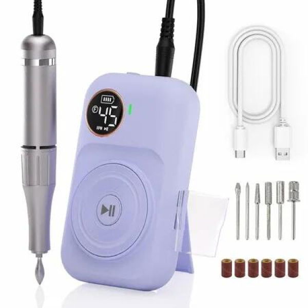 Electric Nail Drill Kit, Low Noise, Low Heat, Low Vibration,Nail Machine with 6 Nail Drill Bits and Sanding Bands, Ideal for a Home or Nail Salon,Purple