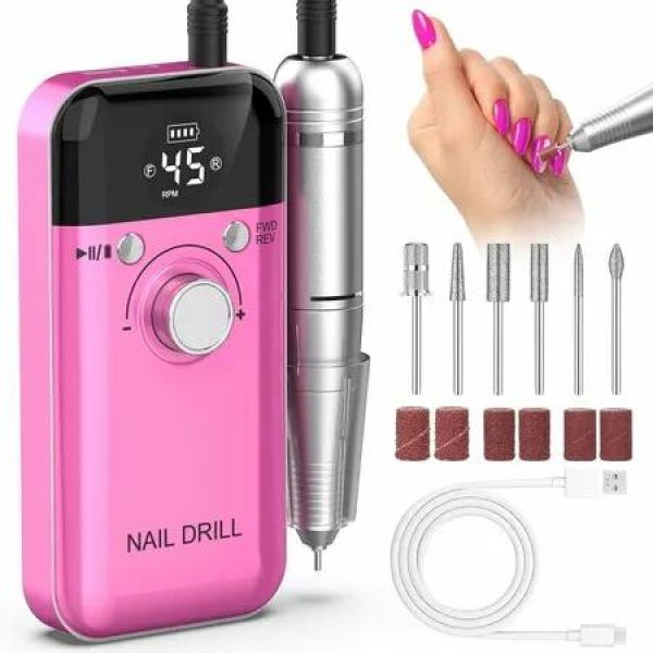 Electric Nail Drill Professional 45000 RPM, Rechargeable Nail Drill File Machine with 6 Bits, Portable Nail File for Manicure Salon Home (Purple)