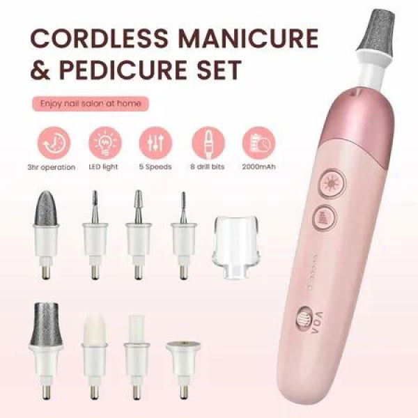 Electric Nail File Cordless Pedicure Manicure Set 5 Speeds Toe Grinder Thick Nails 8in1 Beauty Tools Pink