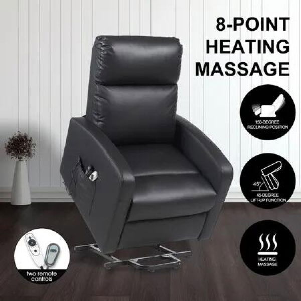 Electric Recliner Chair Lift Massage 8 Point Heated Massaging Lounge Single Sofa Black Leather Armchair Power Assist Elderly Riser Senior Aged Care