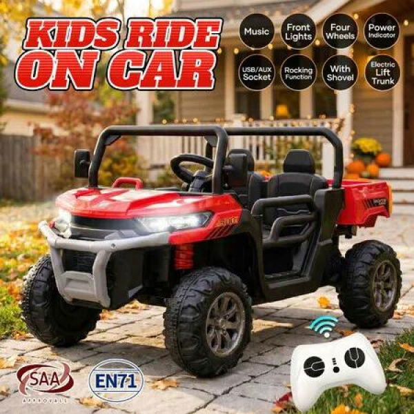 Electric Ride On Car RC Kids Vehicle Toy Childrens Off Road UTV Jeep Dump Truck 4 Wheeler Parental Remote Control USB MP3 Front Lights Openable Doors