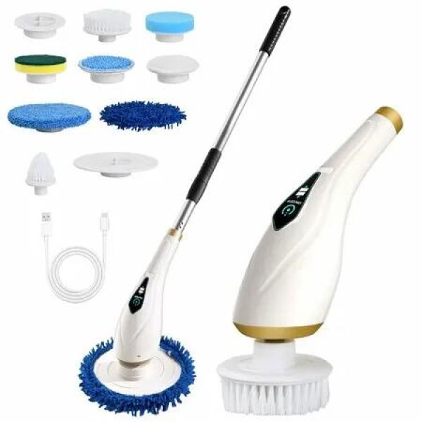 Electric Rotary Cleaning Brush with Adjustable Handle andand 8 Replaceable Heads 2 Modes for Bathroom,Kitchen,Car,Waterproof