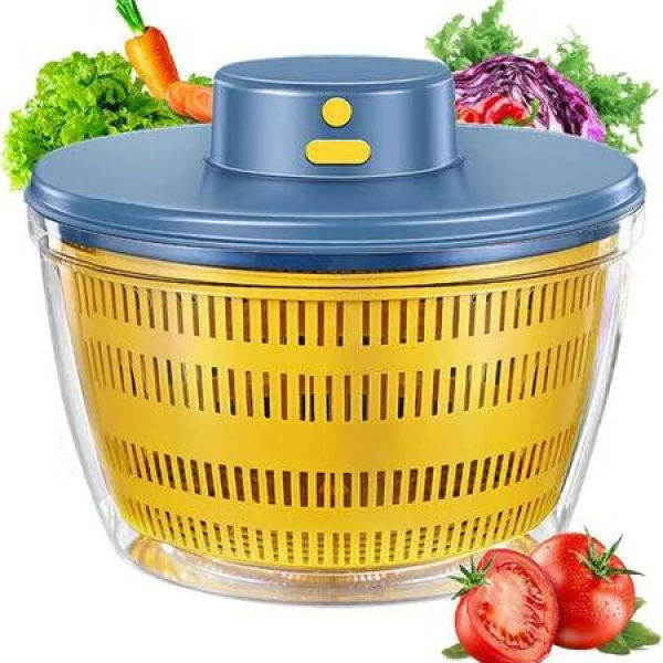 Electric Salad Spinner Dryer Fruit Vegetable Cleaner Bowl Colander Greens Herbs Berries Kitchen Gadget 4L(Blue)