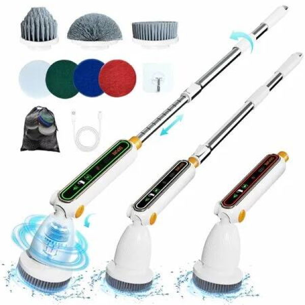Electric Spin Scrubber Brush with 8 Replaceable Heads 400RPM Powerful Cleaning with Adjustable Extendable Pole for Bathroom, Kitchen,Floors