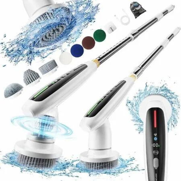 Electric Spin Scrubber Cordless Shower Scrubber 8 Replaceable Heads,Adjustable Extendable Pole Dual-Speed Cleaning Brush with Long Handle for Bathroom