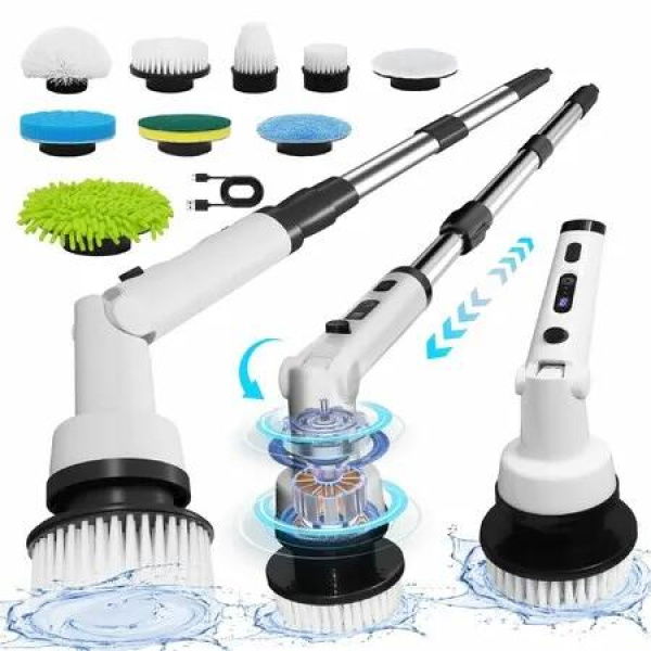 Electric Spin Scrubber Cordless Shower Scrubber with Long Handle,9 Replaceable Heads Spin Brush for Cleaning Bathroom Kitchen,Adjustable Head Angel