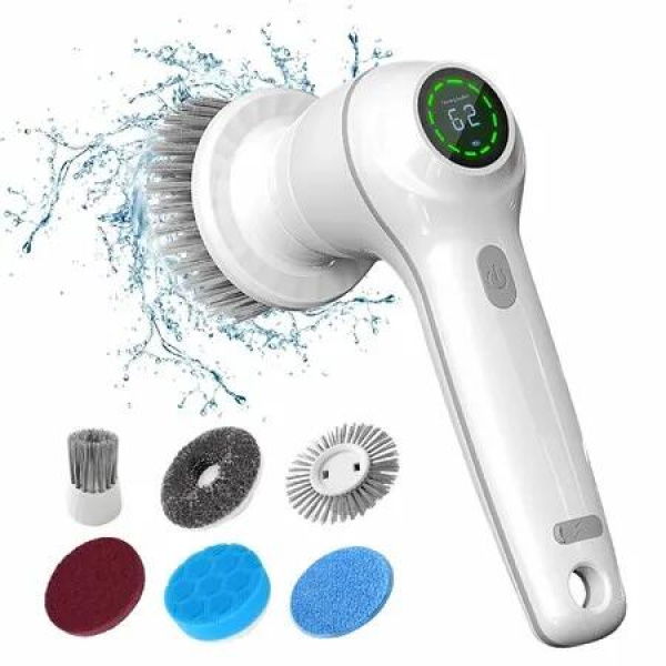 Electric Spin Scrubber,Cordless Cleaning Brush with LED Display,6 Replaceable Brush Heads,2 Speeds,Handheld Power Shower Scrubber for Cleaning Floors,Grout,Windows,Bathtubs,Tiles,Sink,Car