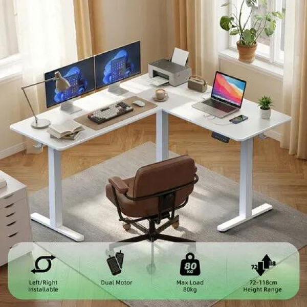 Electric Standing Desk Sit and Stand Up Corner L Shaped Computer Table Height Adjustable Dual Motor Rising White Home Office Gaming Study Workstation