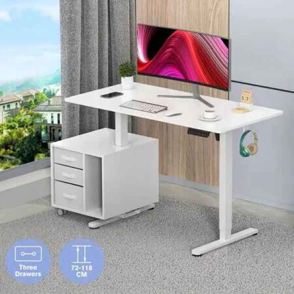 Electric Standing Desk Sit Stand Up Office White Computer Gaming Study Laptop Table Height Adjustable Home Furniture with Rotating Storage Cabinet