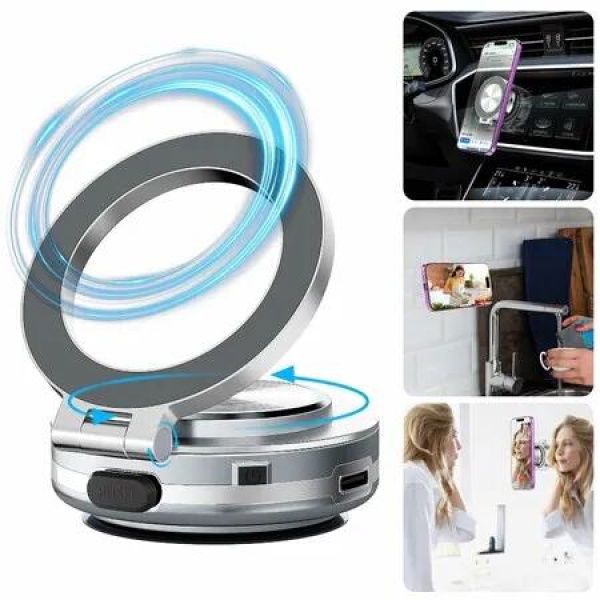 Electric Suction Cup Vacuum Magnetic Phone Holder 360 Degree Rotatable Compatible with MagSafe Magnet Strong Vacuum Suction Cell Phone Car Mount(Silver)