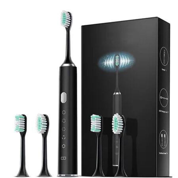 Electric Toothbrush Rotary TypeC Power Rechargeable Teeth Deep Cleaning Birthday Christmas Gifts Oral Care Set 4 Replacement Heads Col. Black