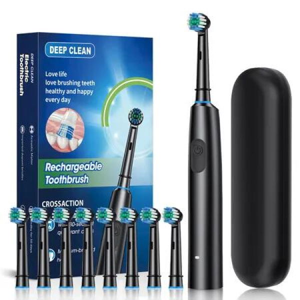 Electric Toothbrush Rotary TypeC Power Rechargeable Teeth Deep Cleaning Birthday Christmas Gifts Oral Care Set 8 Replacement Heads Travel Case Col. Black