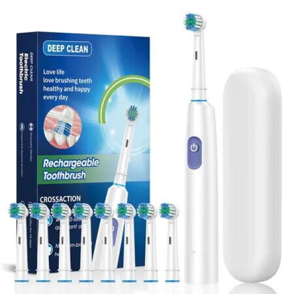 Electric Toothbrush Rotary TypeC Power Rechargeable Teeth Deep Cleaning Birthday Christmas Gifts Oral Care Set 8 Replacement Heads Travel Case Col. White