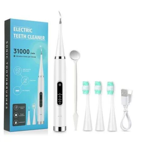 Electric Toothbrush with 3 Brush Heads, 5 Adjustable Modes, Dental Calculus Remover with Oral Mirror, White