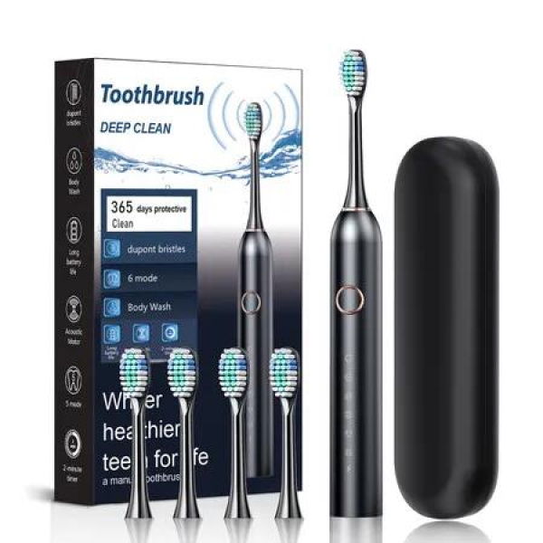 Electric Toothbrush With 6 Modes,4 Brush Heads,Usb Rechargeable Sonic Deep Cleaning Toothbrush,Suitable For Home And Travel Color Black