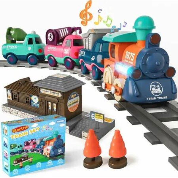Electric Train Set for Boys Girls Age 3 to 8 , Music, Lights and Tracks, First Choo Choo Train, Magnetic Connection, Birthday Gifts for Boys and Girls