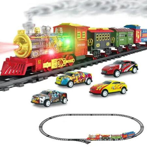 Electric Train Set for Boys Girls with Lights Sound Christmas Trains Toys, Folding Catapult Carriage with Random 4 Cars