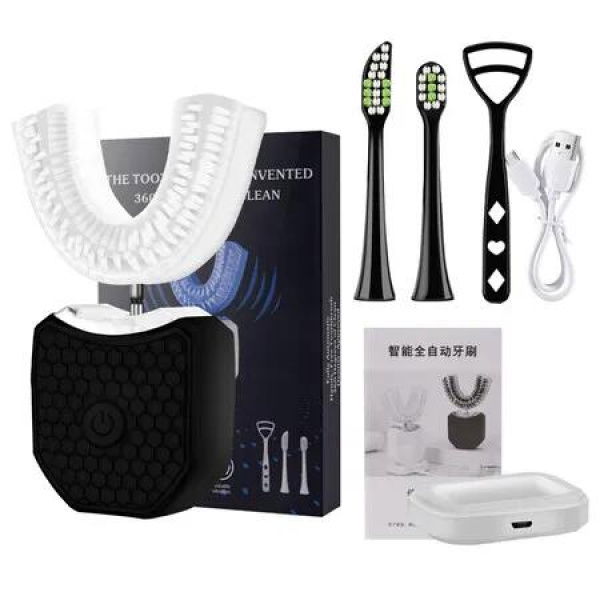 Electric Ultrasonic U-Shaped Toothbrush Bristles 360 Degree Automatic Fully Automatic Intelligent Cleaning Sonic (Black)