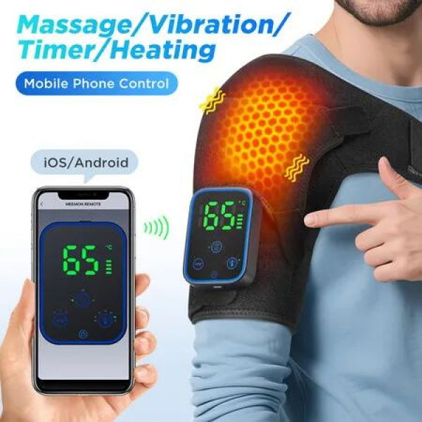 Electric Wireless Heating Vibration Shoulder Massager Brace Wrap with App Control,3 Levels Timer,LCD Display,Touch Detachable