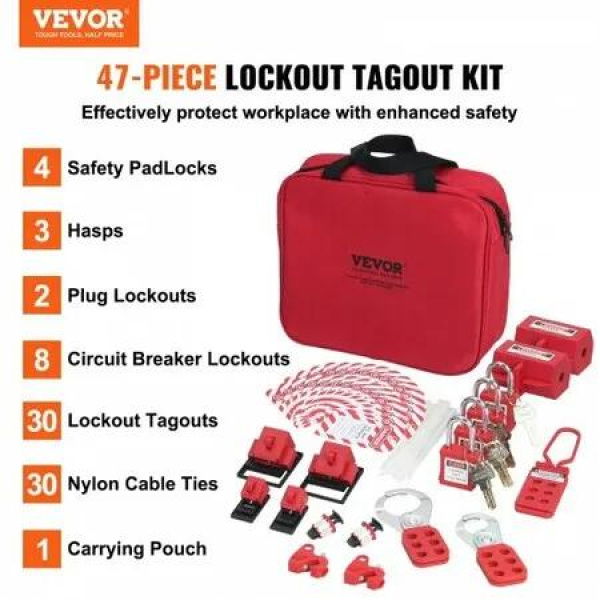 Electrical Lockout Tagout Kit 47 PCS Safety Loto Kit Includes Padlocks Hasps Tags Nylon Ties Plug Lockouts Circuit Breaker Lockouts and Carrying Bag