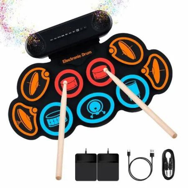Electronic Drum Set 9-Pad Drum Kit with Built-in Speakers,7 Drum Sounds,Bluetooth,AUX,Roll-up Drum Pad with Foot Pedals Rechargeable Battery(Colours)