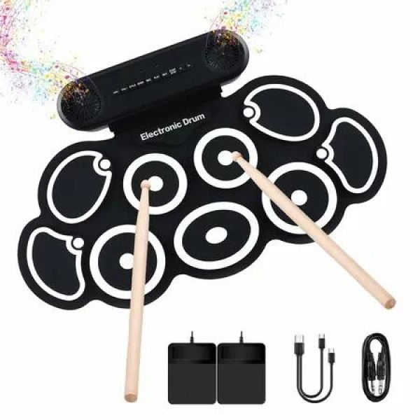Electronic Drum Set 9-Pad Drum Kit with Built-in Speakers,7 Drum Sounds,Bluetooth,AUX,Roll-up Drum Pad with Foot Pedals Rechargeable Battery(White)