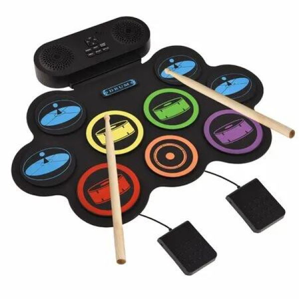 Electronic Drum Set Hand Roll Drum Set 9 Pads Supports DTX Gaming BT Accompaniment with Dual Speaker 7 Drum Styles 6 Rhythms with Drumsticks Foot Pedal