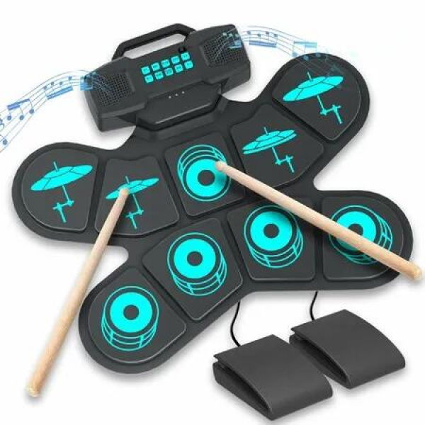 Electronic Drum Set Portable 9 Pads Roll-Up Drum Practice Pad USB MIDI Connectivity Drum Kit with Built-in Stereo Dual Speakers for Beginner Christmas Gift
