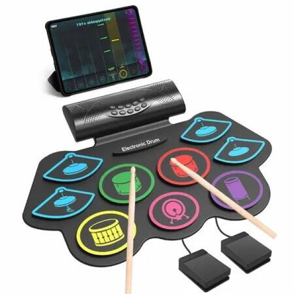 Electronic Drum Set Practice Pad Roll Up USB Powered 9 Pads Headphone Jack Speaker Pedals Sticks Colourful Holiday Birthday Gift Kids